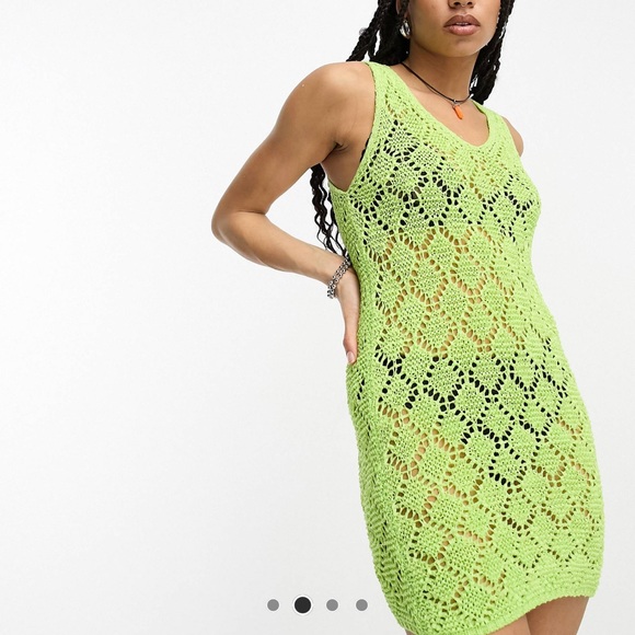 ASOS Lime Green Knit Crochet Beach Cover Up Mini Dress - Picture 2 of 4